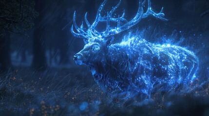 Wall Mural - Glowing magical stag in dark forest