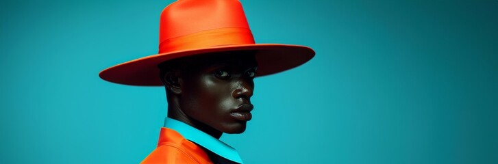 Profile of a stylish young black man wearing a bright orange hat and matching coat. Bold fashion concept with ample copy space.