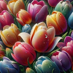 Wall Mural - multicolored tulips with dew drops Floral Patterns Background