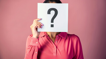 Wall Mural - A woman holding up an empty white card with the question mark symbol on it in front of her face