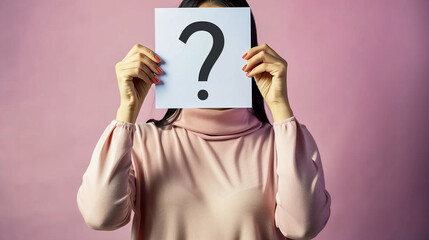 Wall Mural - A woman holding up an empty white card with the question mark symbol on it in front of her face