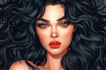 Poster - Close up of a woman with long black hair, suitable for beauty and lifestyle concepts