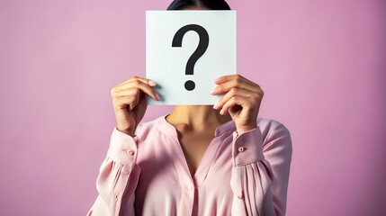 Wall Mural - A woman holding up an empty white card with the question mark symbol on it in front of her face