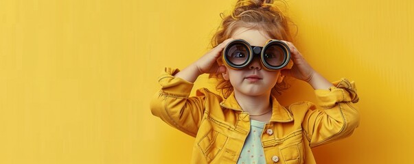young boy with binoculars and hat on yellow background
