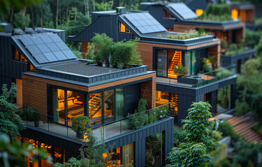 Wall Mural - Modern townhouses with solar panels on the roof