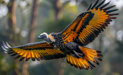 Vulture flying in the forest. An African white back vulture in flight