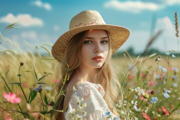 Canvas Print - Woman wearing a straw hat in a field of flowers, perfect for nature and beauty concepts