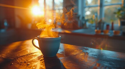 Canvas Print - Coffee Cup on Table Next to Potted Plant