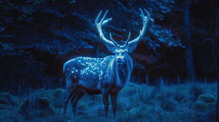 Wall Mural - Glowing magical stag in dark forest