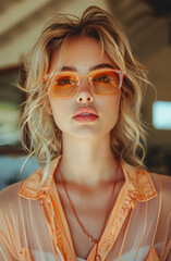 Wall Mural - Close-up portrait of beautiful young woman in orange sunglasses