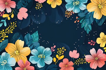 Wall Mural - Bright and vibrant flowers and leaves on a blue backdrop. Ideal for various design projects