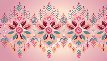 Wall Mural - Motif ethnic handmade beautiful Ikat art. Ethnic abstract floral pink background art. folk embroidery