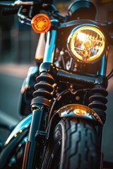 Canvas Print - Close up view of a motorcycle with a bright light on, suitable for automotive and transportation concepts