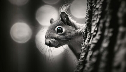 Poster - Enhance the existing cinematic black and white of a squirrel peeking out from behind a tree trunk