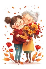 Poster - A heartwarming image of an older woman embracing a younger woman with flowers. Ideal for family and love concepts