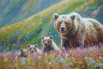 Sticker - Three bears in a field of colorful flowers, suitable for nature and wildlife themes