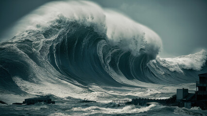 photography of threatening big and dangerous tsunami wave, natural disaster, climate change