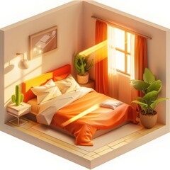 Wall Mural - 3d isometric illustration of bedroom interior, light brown and orange color palette, soft lighting, sunlight coming through window, cacti in corner,
