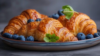 Wall Mural - Croissants With Blueberries on a Plate