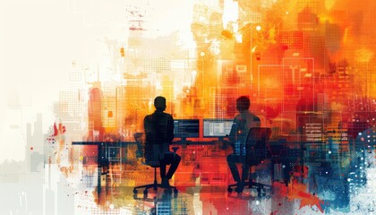 Wall Mural - Two men are sitting at a desk with two computer monitors in front of them by AI generated image