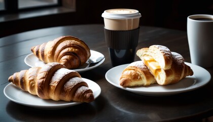 Freshly baked croissants paired with black coffee and a to-go cup on a dark table, illuminated by soft morning light, creating a cozy breakfast scene.. AI Generation