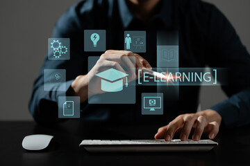 Fototapete - Concept of Online education. man use Online education training and e-learning webinar on internet for personal development and professional qualifications. Digital courses to develop new skills...