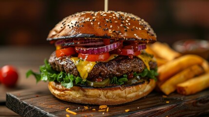 Wall Mural - A mouthwatering photo of a juicy hamburger stacked with fresh ingredients and oozing with melted cheese, perfect for food photography and restaurant promotions.