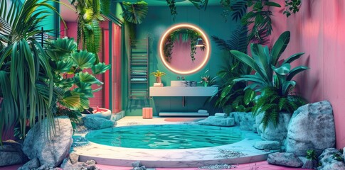 Wall Mural - 3d render of a surreal bathroom with tropical plants, pink and teal colors, rocks, mirror, neon light, colorful,