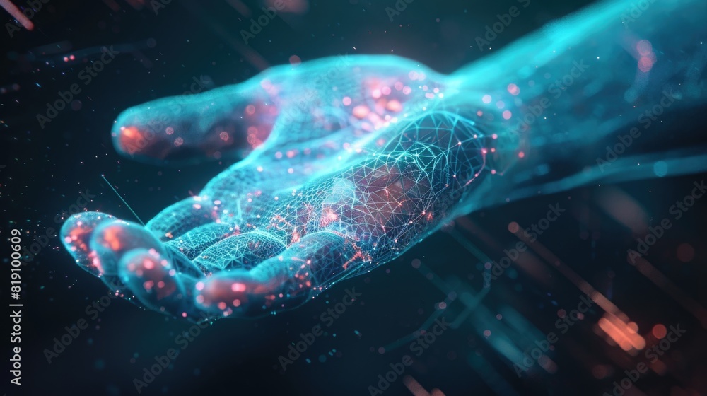 Glowing hologram of human hand 3D structure with dark background Stock ...