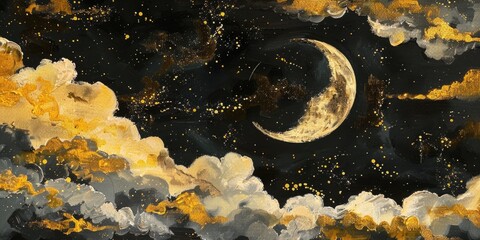 Wall Mural - Golden and black night sky painting with the moon, stars and clouds in different shades