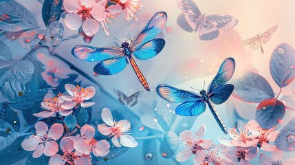  Golden and blue dragonflies, butterflies and flowers with a pinkish tint