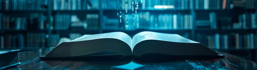 Close up of a digital ledger book floating above a table in a darkened room filled with financial analysts wearing lightenhanced glasses, sharpen with copy space