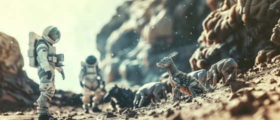 Close up of a planetary exploration team accompanied by bioengineered animals adapted to alien environments