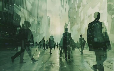 Wall Mural - Network and internet communication concept. Silhouette of businessman in abstract city with double exposure of blurry network interface. which is very impressive