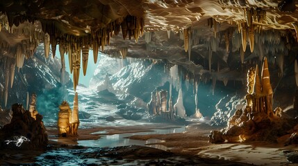 Wall Mural - Digital images of stalactites inside caves are unique. Underground rocky cave crystals AI Generative