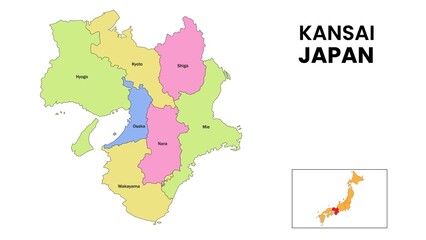 Sticker - Kansai Map. State and district map of Kansai. Detailed colourful map of Kansai.