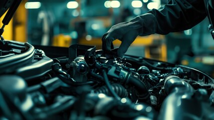 Wall Mural - repairman hands repairing a car engine automotive workshop with a wrench, Automobile mechanic car service and maintenance, Repair service