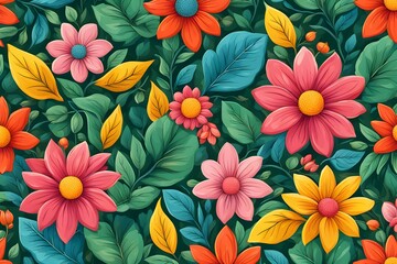 Wall Mural - Colorful floral pattern in cartoon style. flowers and leaves with playful features seamless pattern background