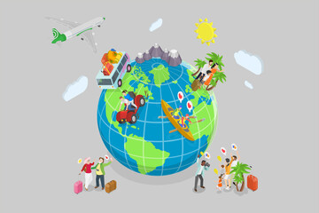 3d isometric flat illustration of global tourism, travel the world