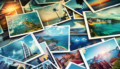 Collection of travel photographs featuring various scenic destinations including beaches, cities, and landscapes.
