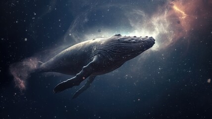 Wall Mural - Surreal art design of a whale floating in space with a cosmic background and starry sky. Digital art of whale swimming in the space with gradient watercolor and glowing star in the night sky. AIG35.