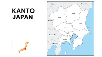 Canvas Print - Kanto Map. State and district map of Kanto. Administrative map of Kanto with district and capital in white color.