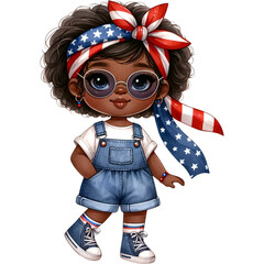 Wall Mural - Patriotic Girl Clipart,American Pride,4th of July PNG ,Veteran Day,Memorial Day PNG,Cute Black Girl,Afro Girl