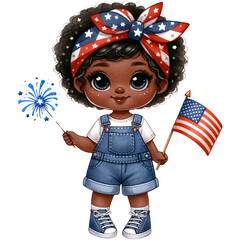 Wall Mural - Patriotic Girl Clipart,American Pride,4th of July PNG ,Veteran Day,Memorial Day PNG,Cute Black Girl,Afro Girl