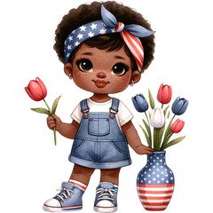 Wall Mural - Patriotic Girl Clipart,American Pride,4th of July PNG ,Veteran Day,Memorial Day PNG,Cute Black Girl,Afro Girl