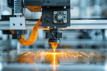 Close-up of a 3D printer nozzle during operation, emitting an orange glow, in a high-tech, industrial setting.