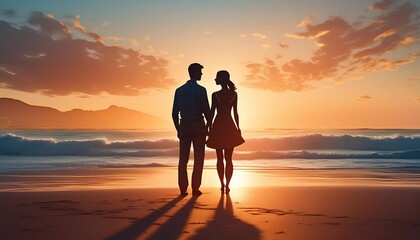 Wall Mural - couple in love silhouettes against the backdrop of the sunset ocean.
