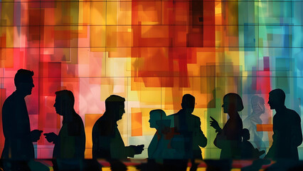 illustration of standing and talking professionals crowd of professional people exchange ideas , silhouette in multicolor abstract art