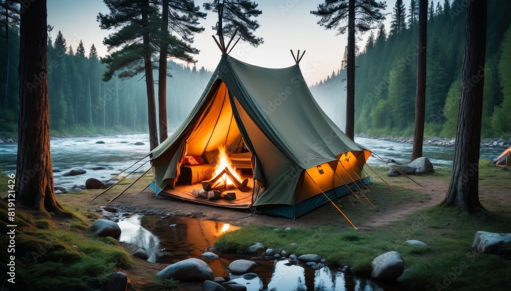 A cozy scene of riverside camping featuring an illuminated tent at dusk ...