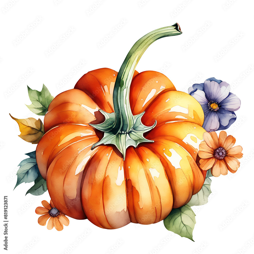 Watercolor fall pumpkin with flowers and leaves. Png isolated clipart ...